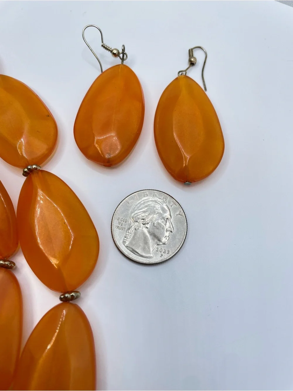 Vintage Orange Lucite Layered Necklace Earring Set Statement Bold
